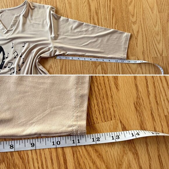 Treble Clef Music Note Top Size S Beige Graphic Shirt 3/4 Length Sleeve Tee - Picture 4 of 8